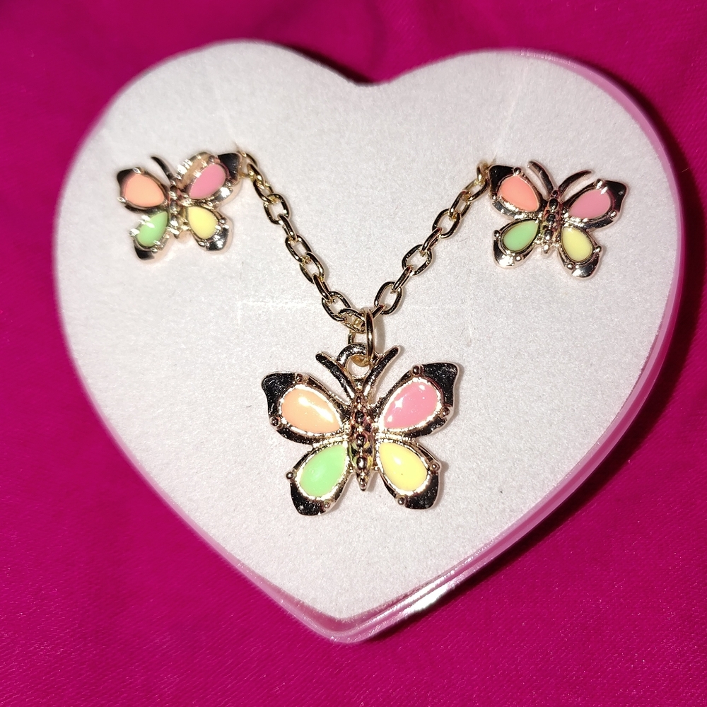 Butterfly Pendant Necklace and Earring Set - Gold with Multicolor Accents
